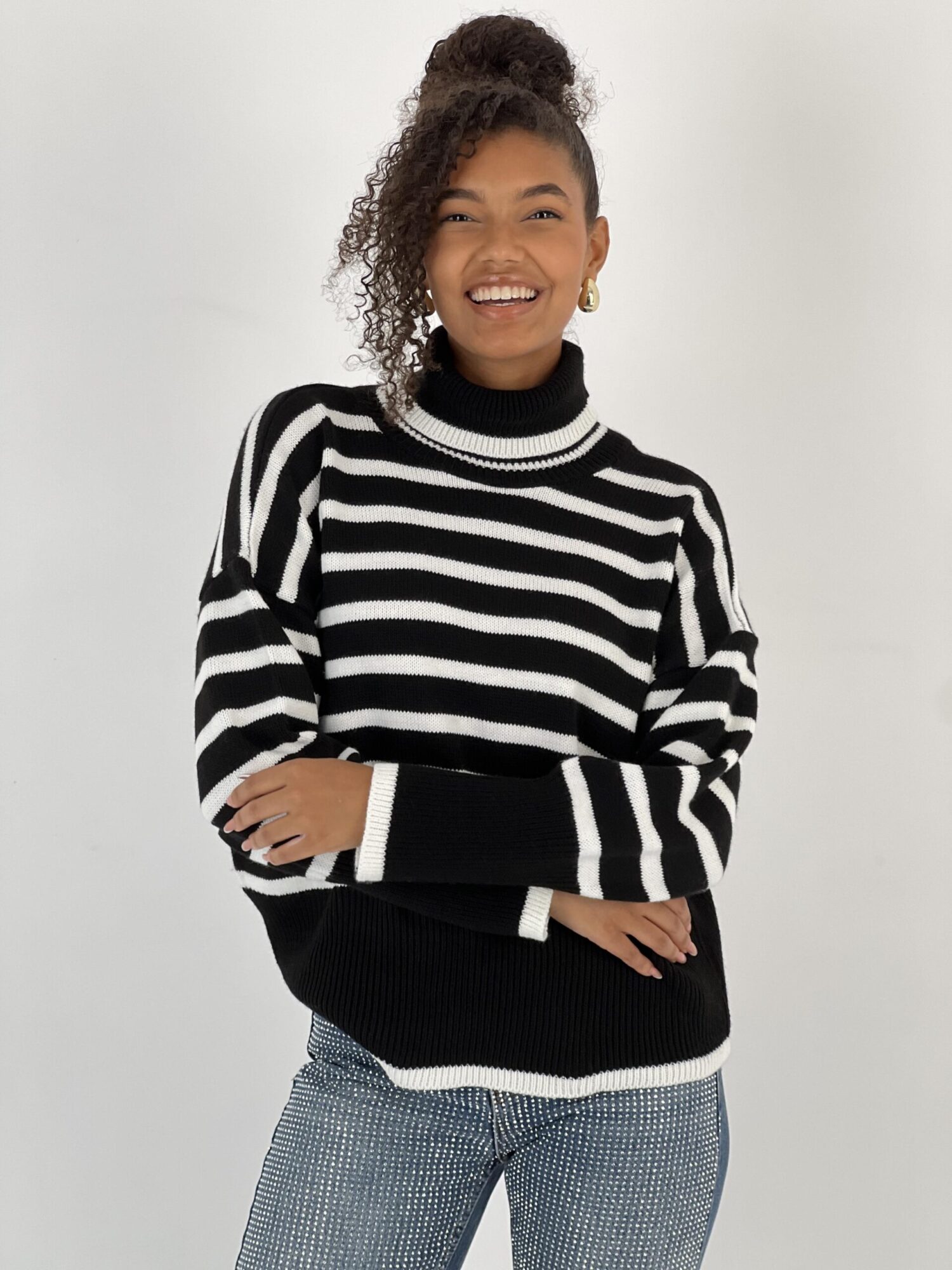 Black Oversized Fit Striped Turtle Neck Sweater - Brand: MISS POEM - Women & Kids, Baby Clothes Wholesale - Globality Store