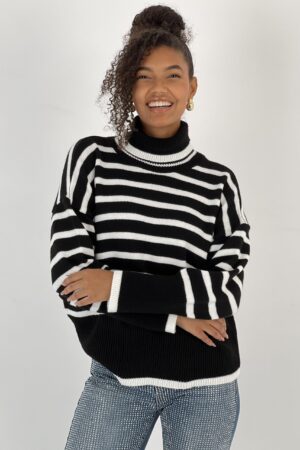 Black Oversized Fit Striped Turtle Neck Sweater - Brand: MISS POEM - Women & Kids, Baby Clothes Wholesale - Globality Store