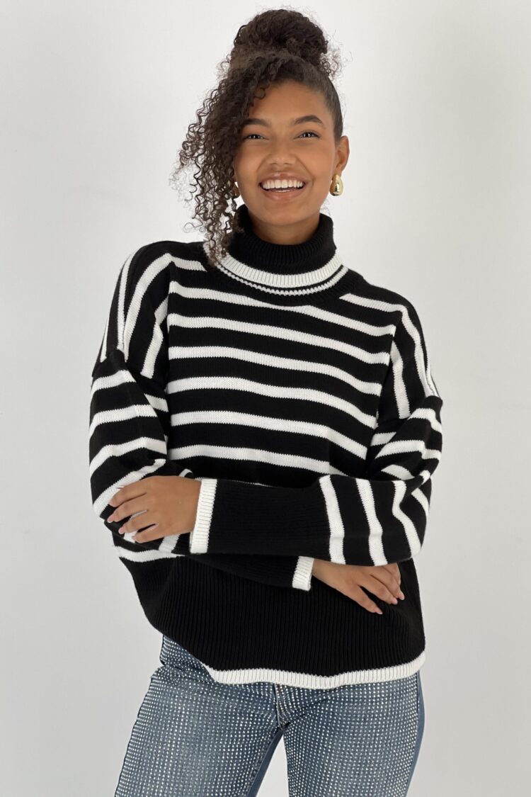 Black Oversized Fit Striped Turtle Neck Sweater
