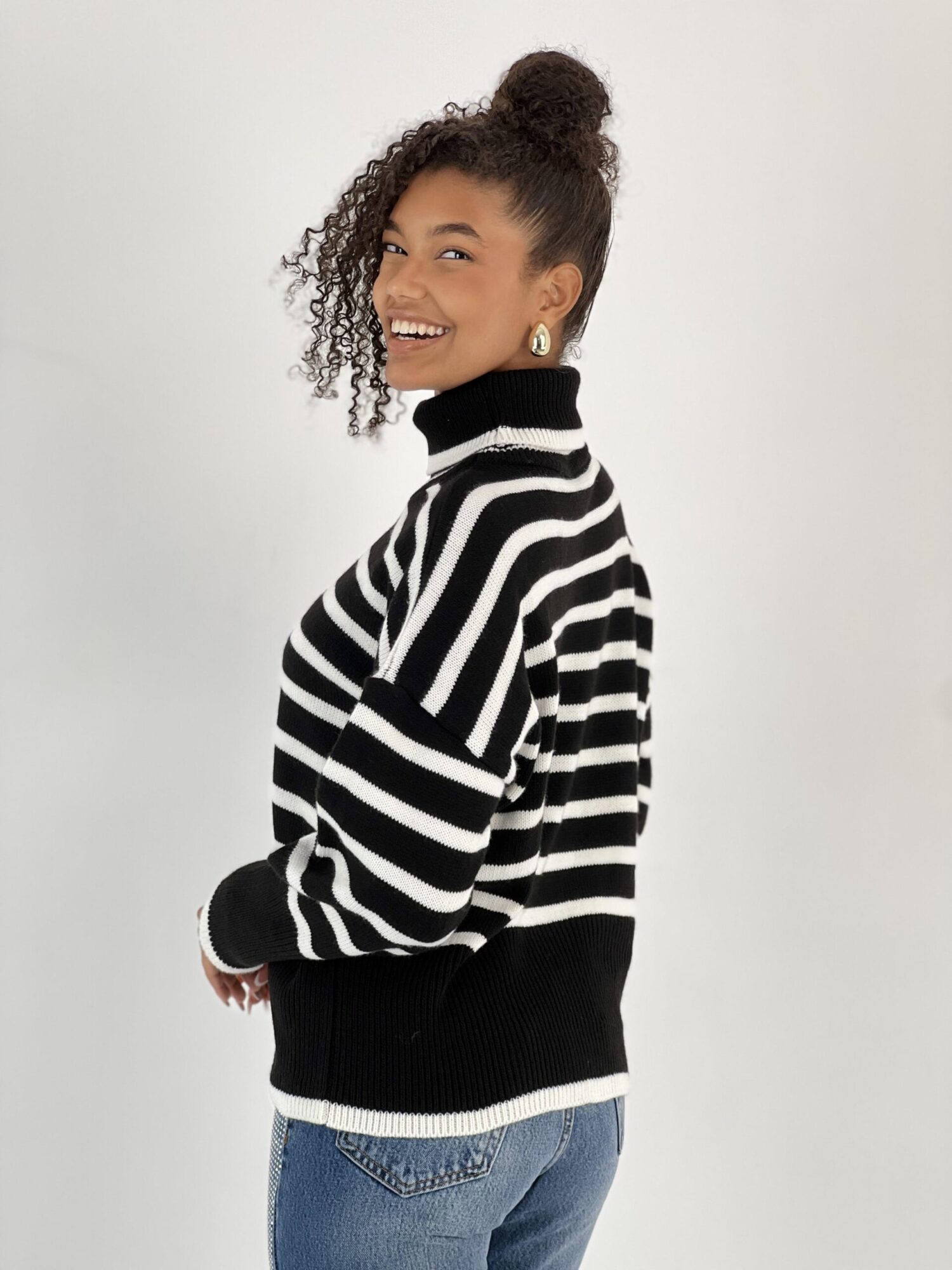 Black Oversized Fit Striped Turtle Neck Sweater - Brand: MISS POEM - Women & Kids, Baby Clothes Wholesale - Globality Store