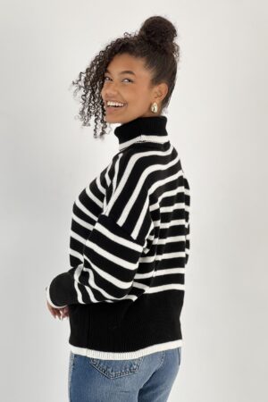 Black Oversized Fit Striped Turtle Neck Sweater - Brand: MISS POEM - Women & Kids, Baby Clothes Wholesale - Globality Store