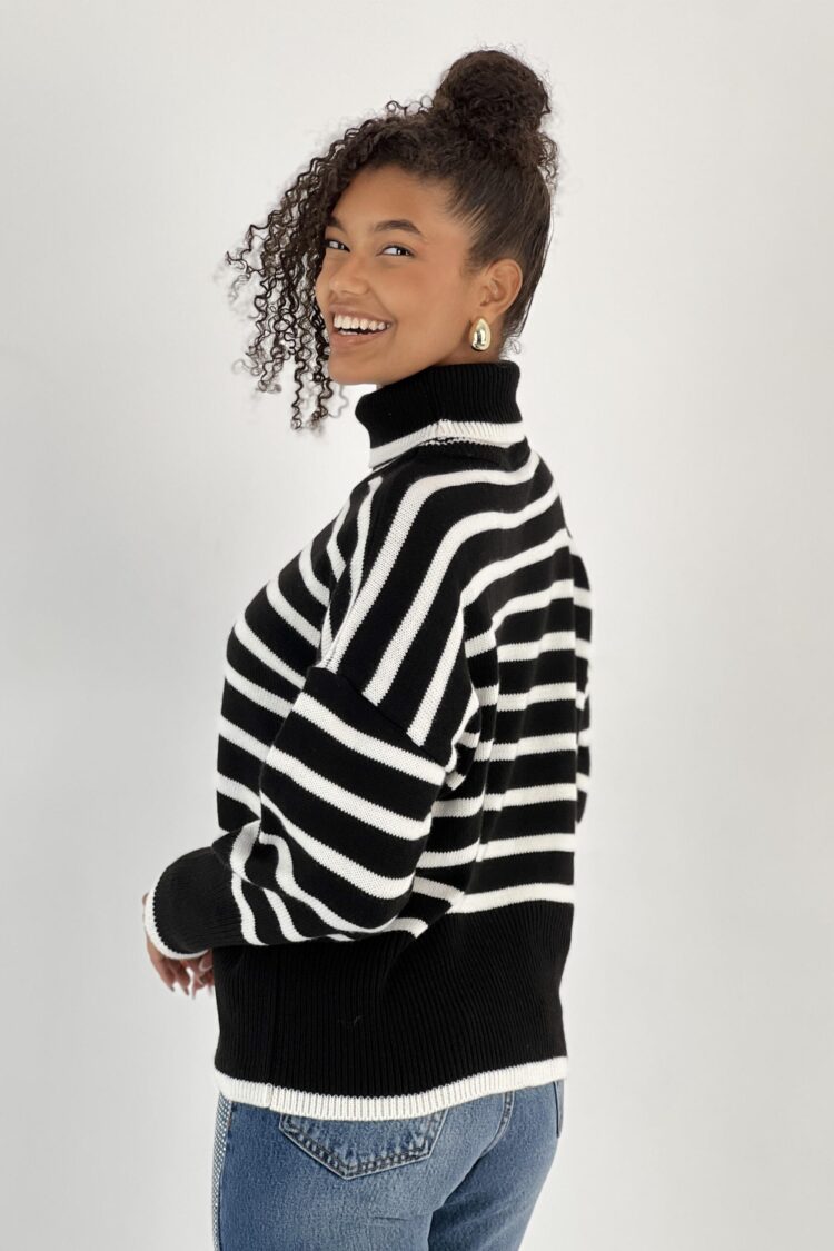 Black Oversized Fit Striped Turtle Neck Sweater