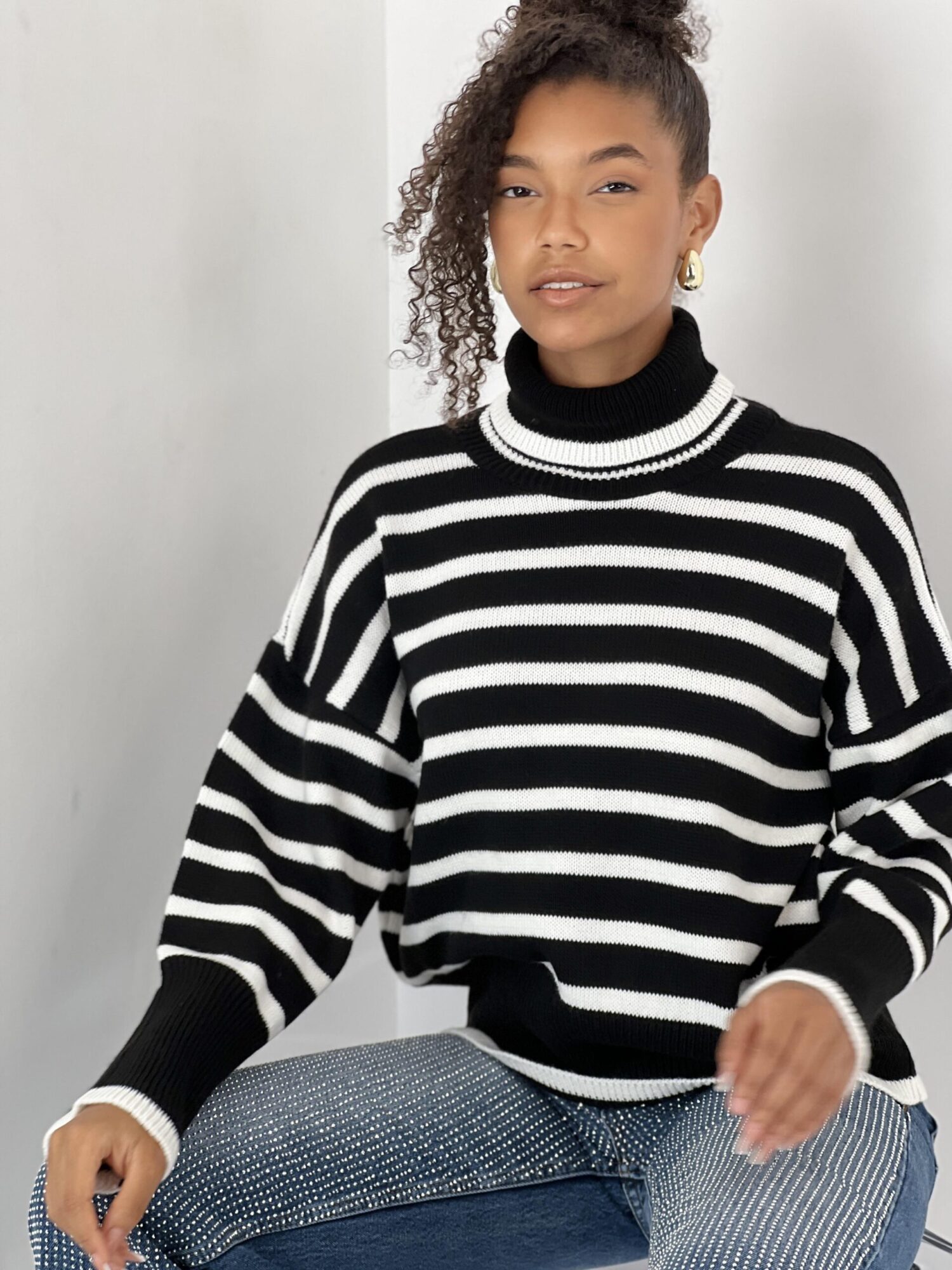 Black Oversized Fit Striped Turtle Neck Sweater - Brand: MISS POEM - Women & Kids, Baby Clothes Wholesale - Globality Store