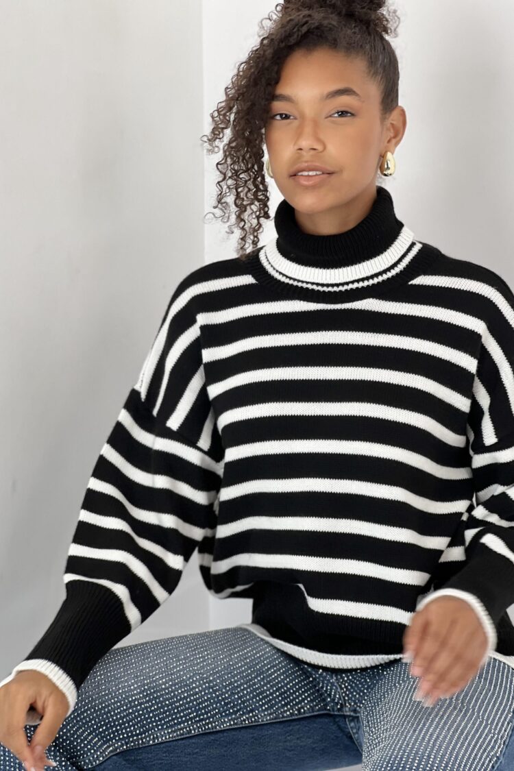 Black Oversized Fit Striped Turtle Neck Sweater