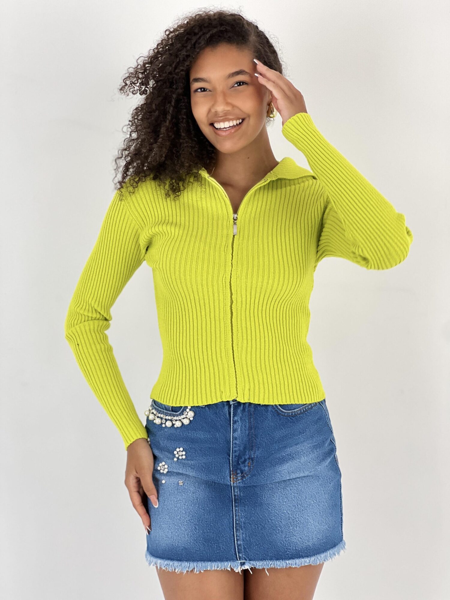 Green Slim Fit Hooded Neck Zip Up Cardigan - Brand: MISS POEM - Women & Kids, Baby Clothes Wholesale - Globality Store