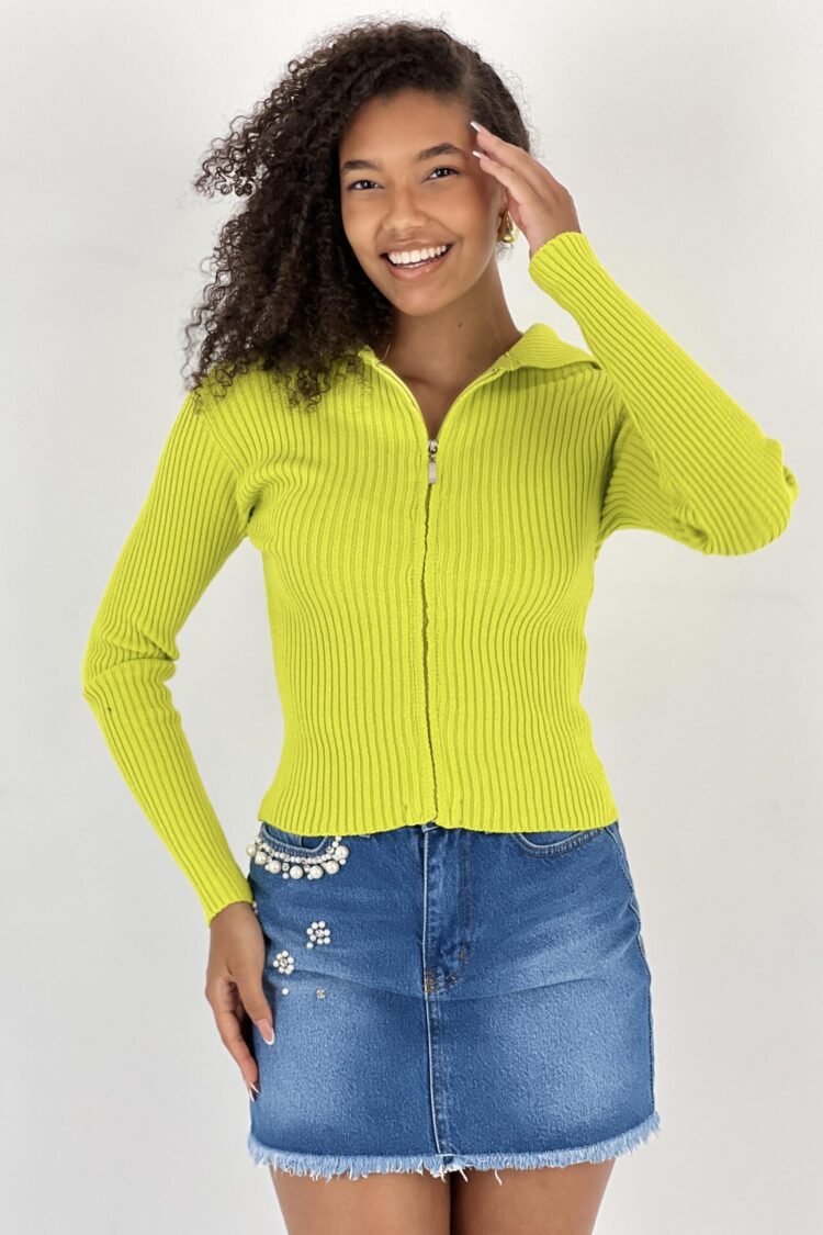 Green Slim Fit Hooded Neck Zip Up Cardigan - Brand: MISS POEM - Women & Kids, Baby Clothes Wholesale - Globality Store
