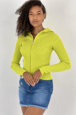 Green Slim Fit Hooded Neck Zip Up Cardigan - Brand: MISS POEM - Women & Kids, Baby Clothes Wholesale - Globality Store