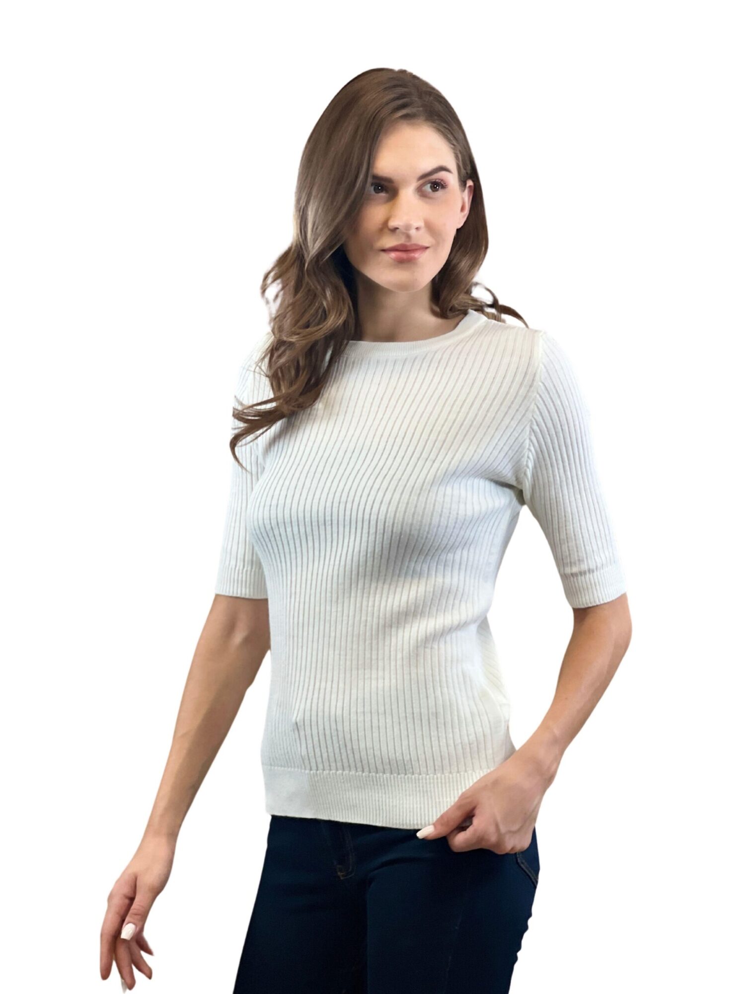 White Striped Slim Fit Sweater With 3/4 Sleeve - Brand: MISS POEM - Women & Kids, Baby Clothes Wholesale - Globality Store