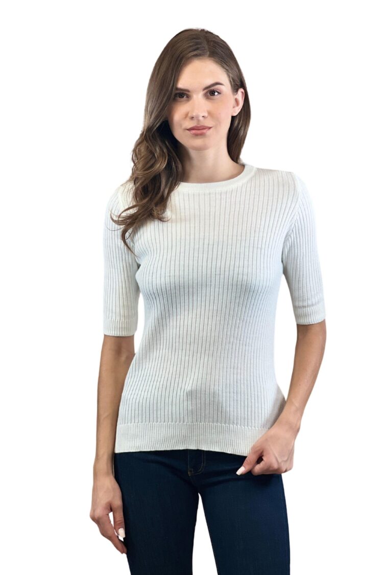 White Striped Slim Fit Sweater With 3/4 Sleeve