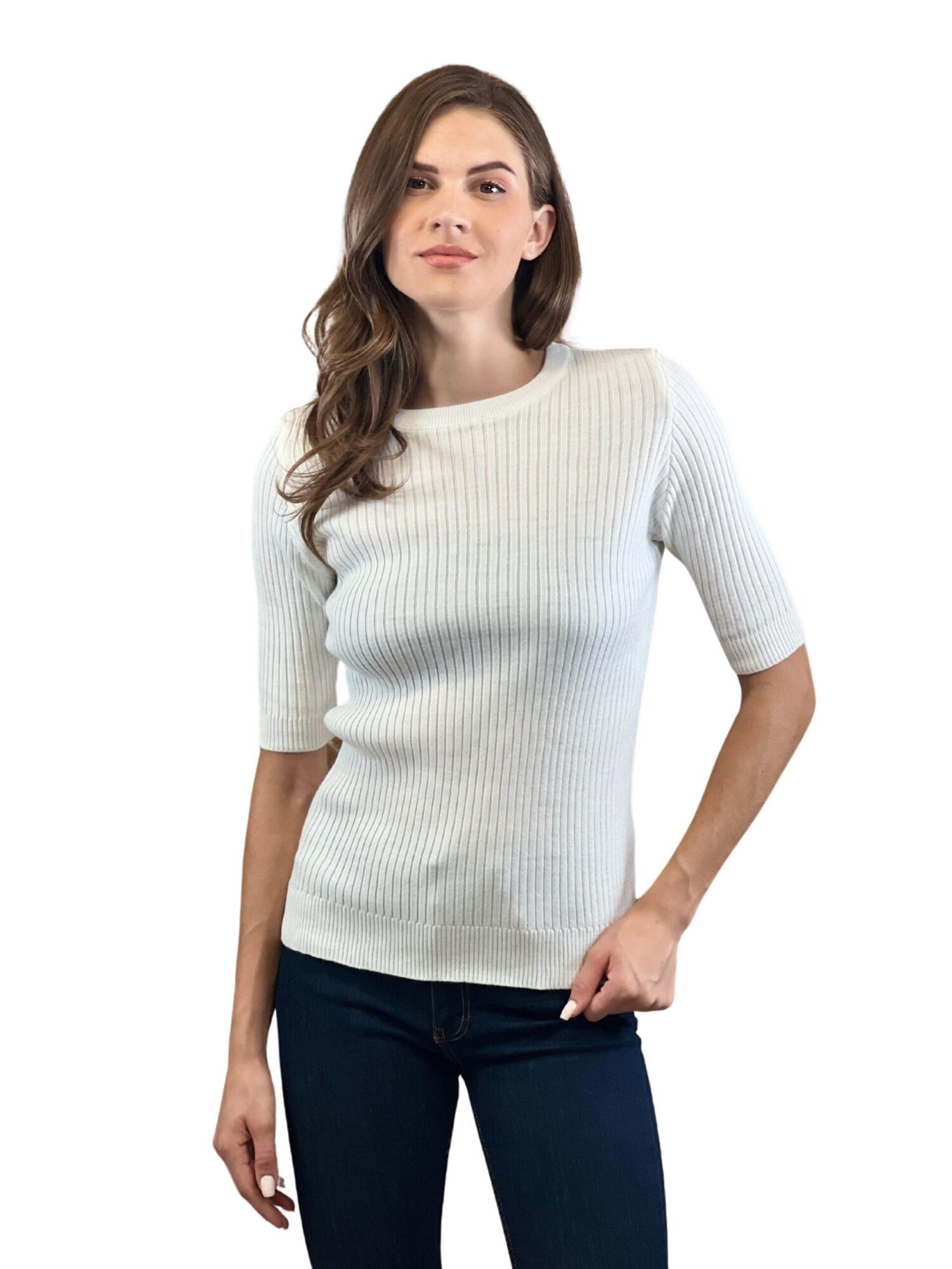 White Striped Slim Fit Sweater With 3/4 Sleeve - Brand: MISS POEM - Women & Kids, Baby Clothes Wholesale - Globality Store