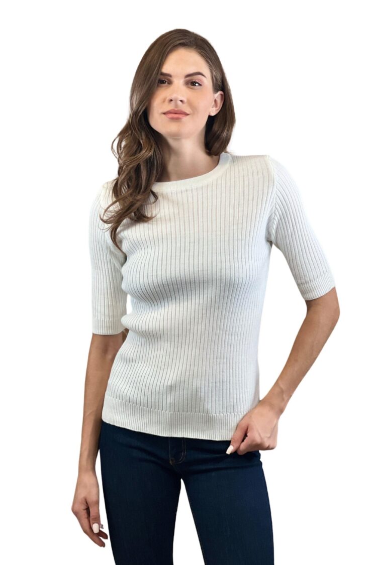 White Striped Slim Fit Sweater With 3/4 Sleeve