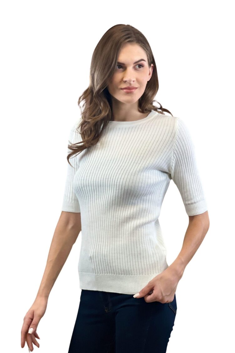 White Striped Slim Fit Sweater With 3/4 Sleeve
