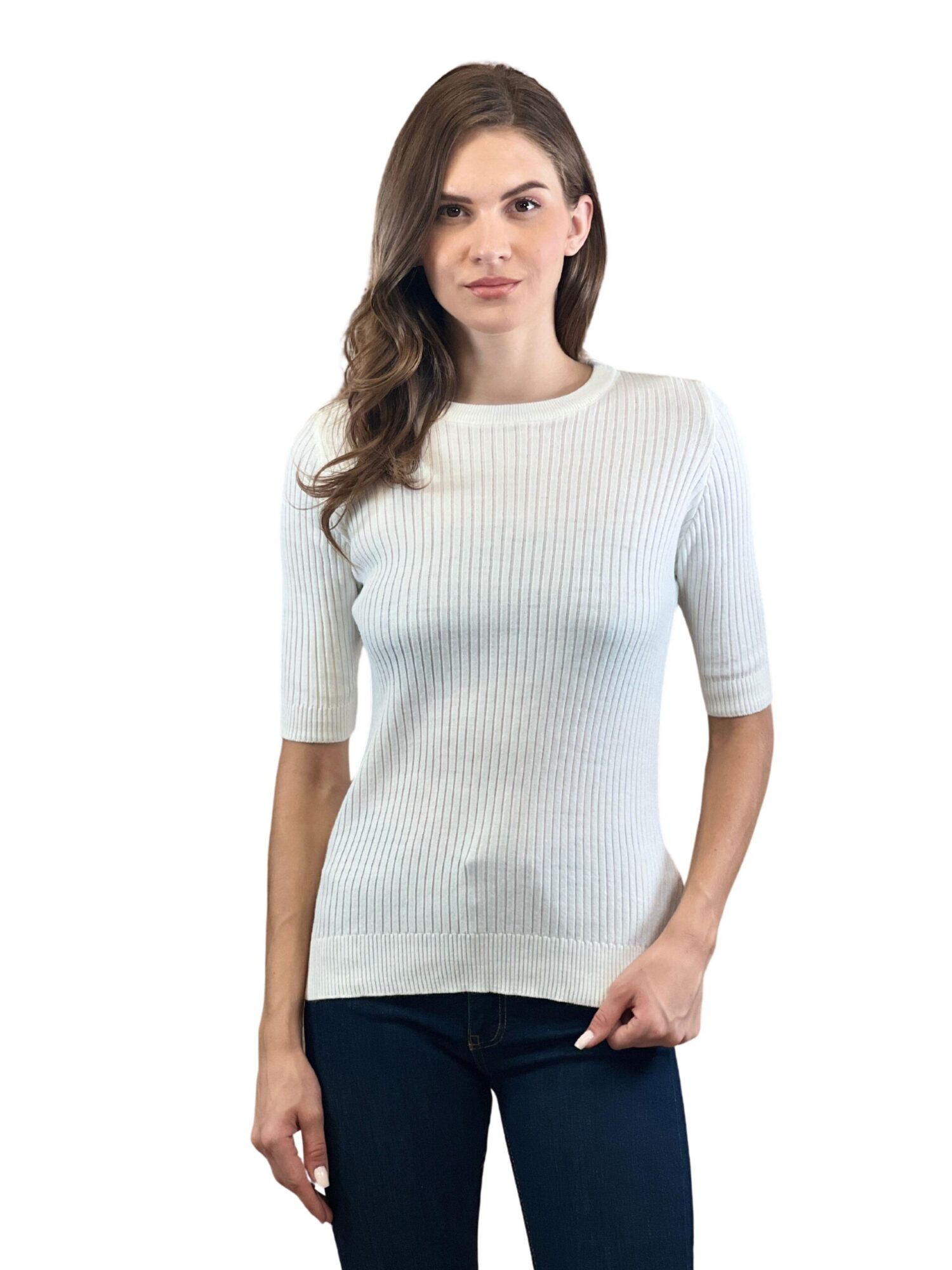White Striped Slim Fit Sweater With 3/4 Sleeve - Brand: MISS POEM - Women & Kids, Baby Clothes Wholesale - Globality Store