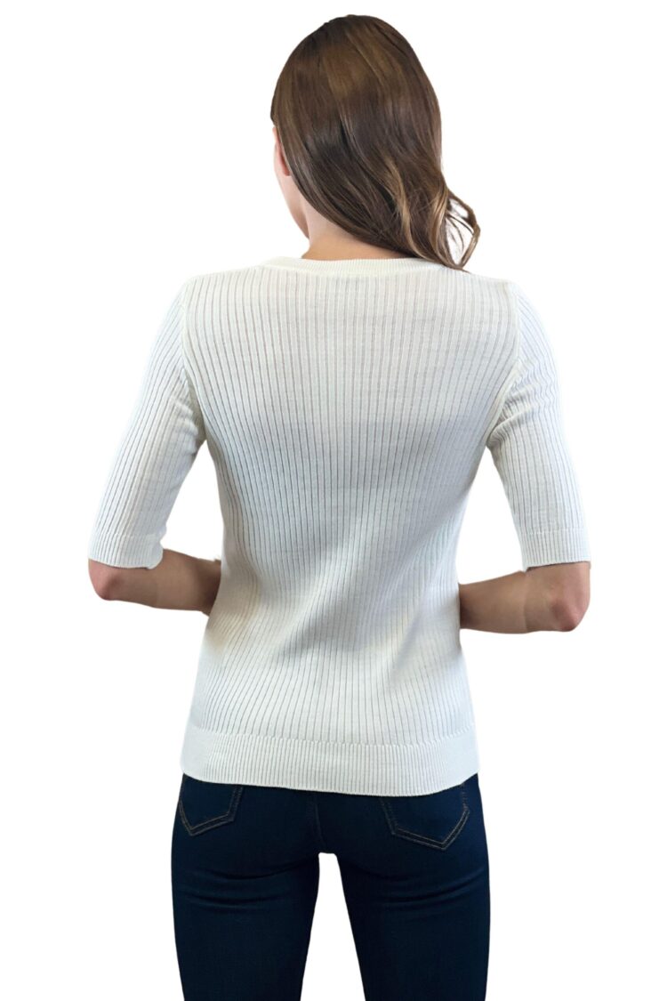 White Striped Slim Fit Sweater With 3/4 Sleeve