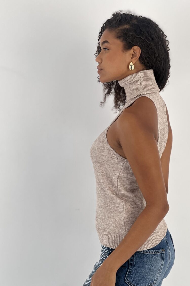 Beige Sweater With Turtle Neck And Cap Sleeves