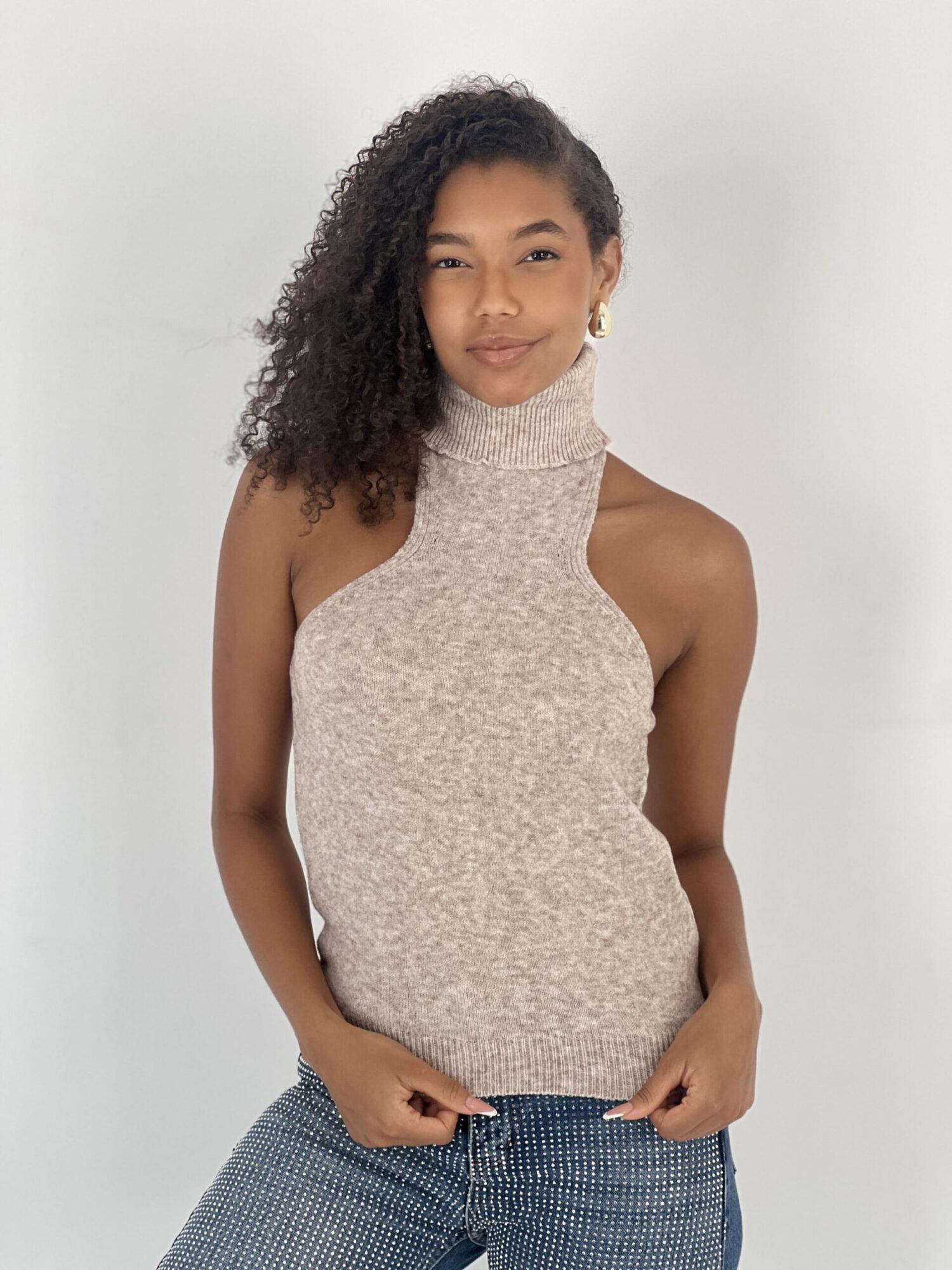 Beige Sweater With Turtle Neck And Cap Sleeves - Brand: MISS POEM - Women & Kids, Baby Clothes Wholesale - Globality Store