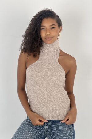 Beige Sweater With Turtle Neck And Cap Sleeves - Brand: MISS POEM - Women & Kids, Baby Clothes Wholesale - Globality Store