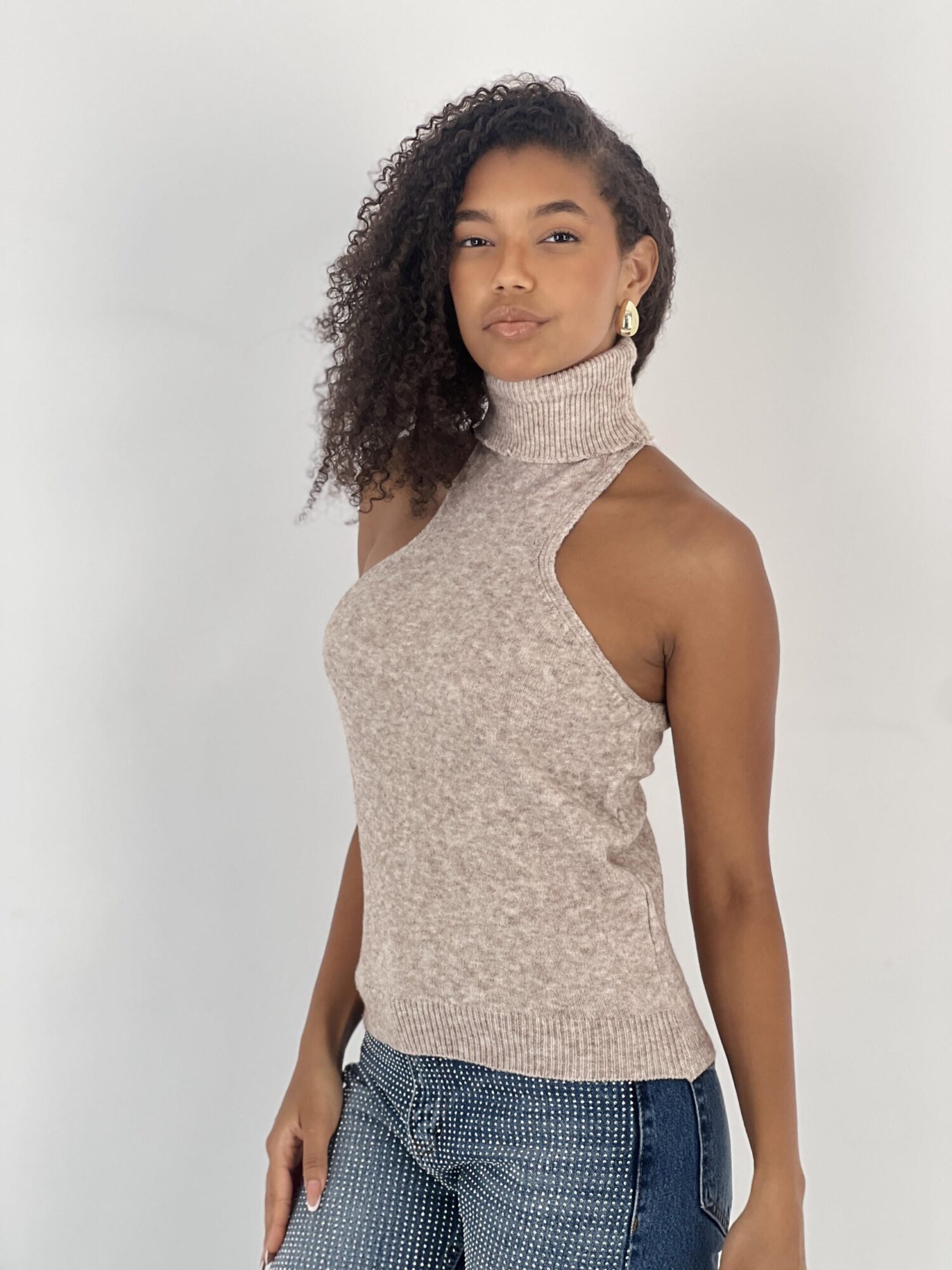 Beige Sweater With Turtle Neck And Cap Sleeves - Brand: MISS POEM - Women & Kids, Baby Clothes Wholesale - Globality Store