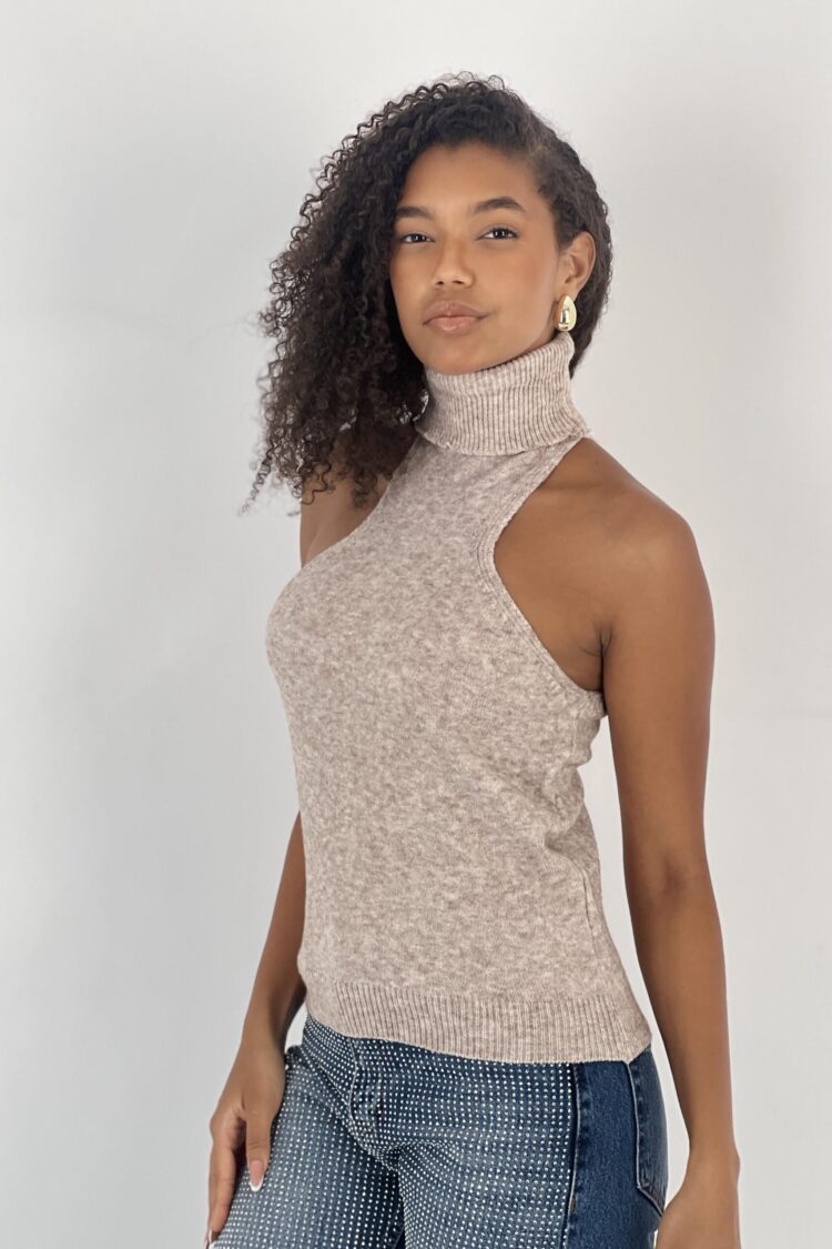 Beige Sweater With Turtle Neck And Cap Sleeves