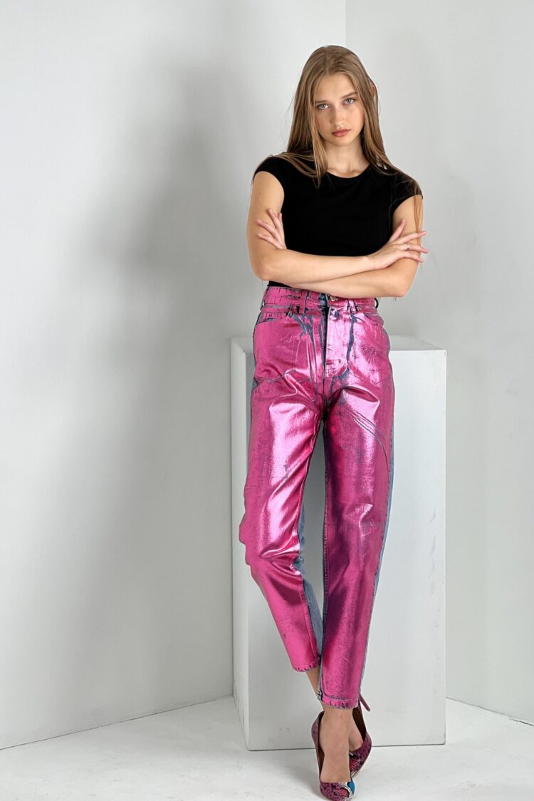 Pink Mom Pants Cropped High Waist Straight Leg