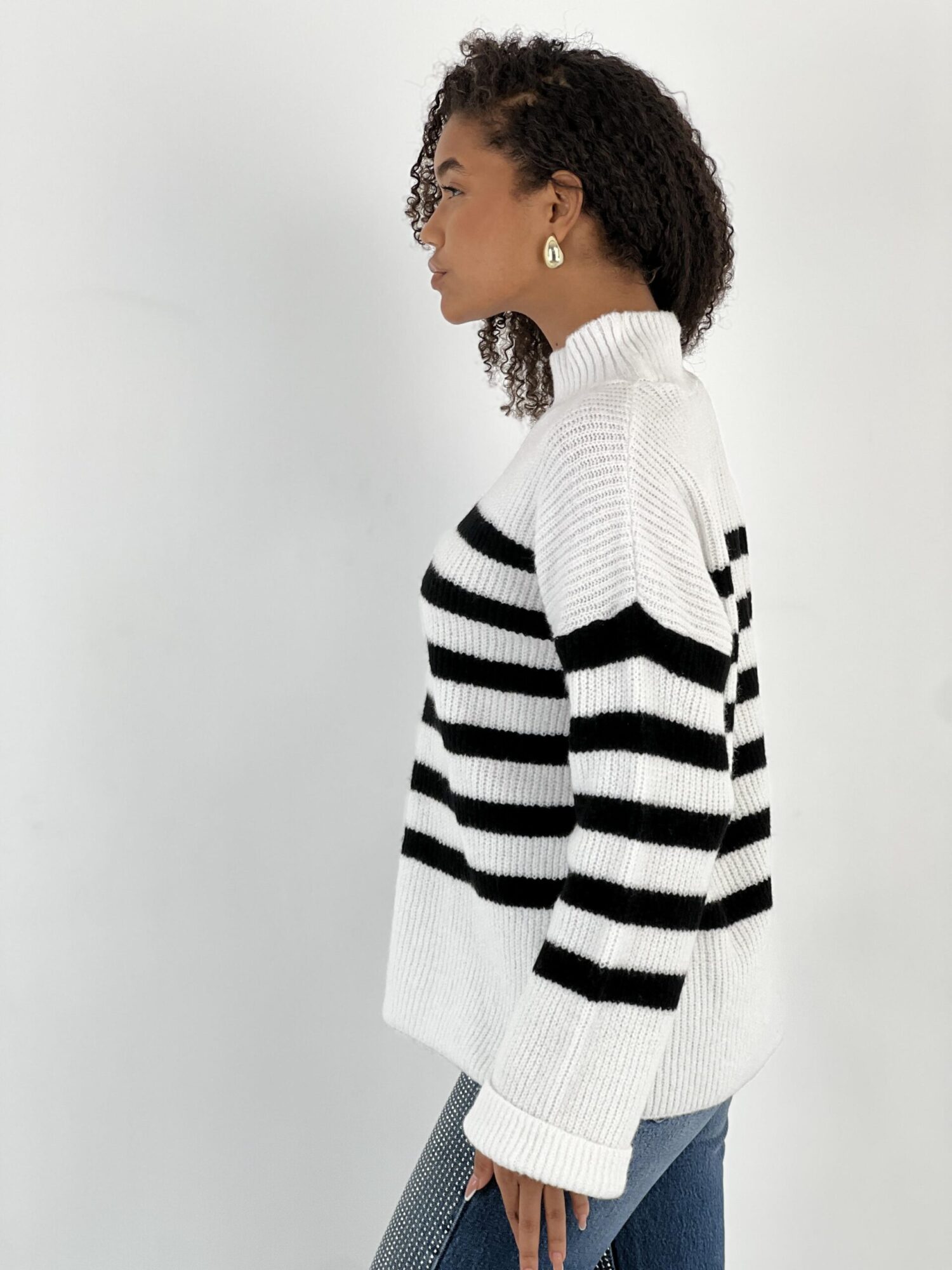 White Striped Oversized Fit Sweater With High Neck - Brand: MISS POEM - Women & Kids, Baby Clothes Wholesale - Globality Store