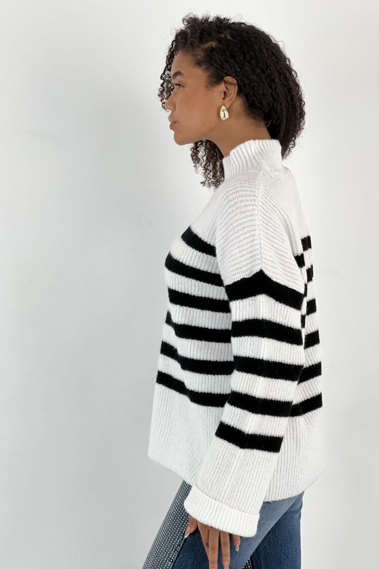 White Striped Oversized Fit Sweater With High Neck