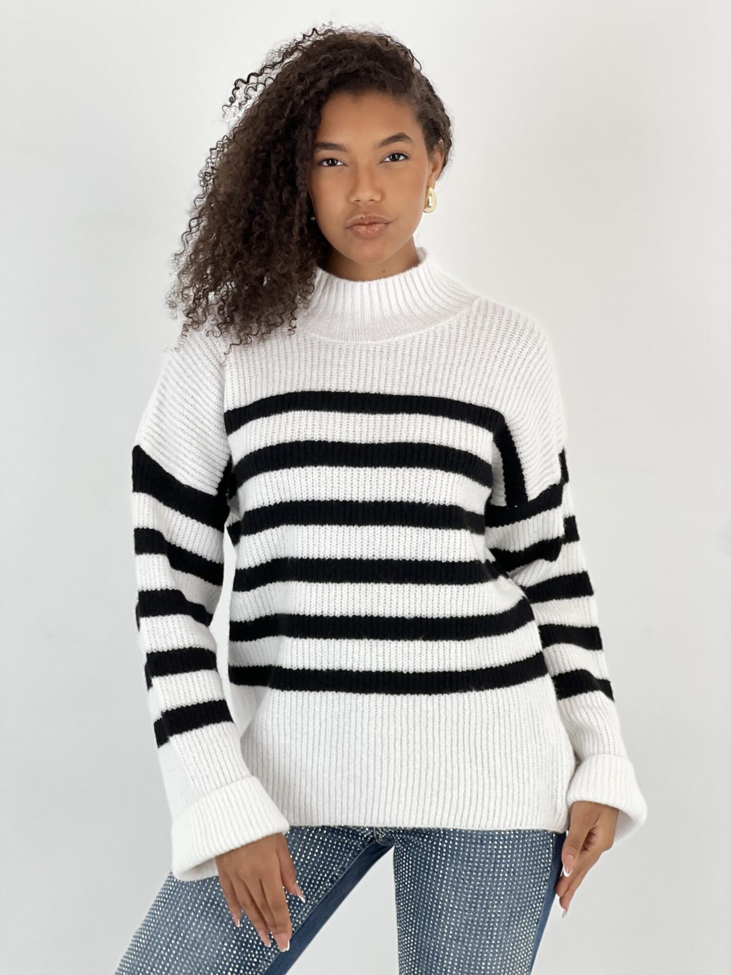 White Striped Oversized Fit Sweater With High Neck - Brand: MISS POEM - Women & Kids, Baby Clothes Wholesale - Globality Store