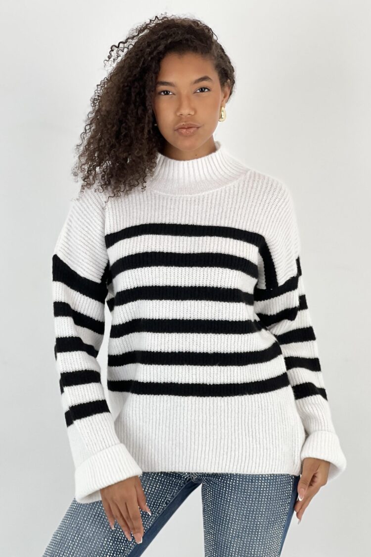White Striped Oversized Fit Sweater With High Neck - Brand: MISS POEM - Women & Kids, Baby Clothes Wholesale - Globality Store