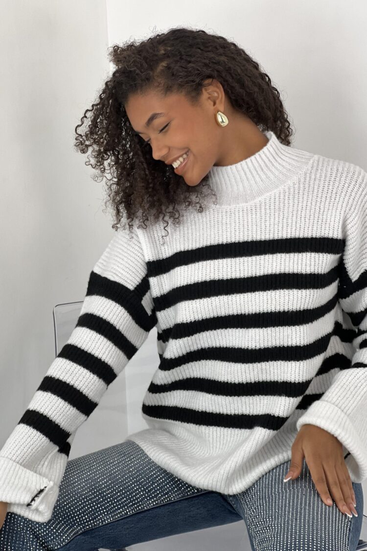 White Striped Oversized Fit Sweater With High Neck