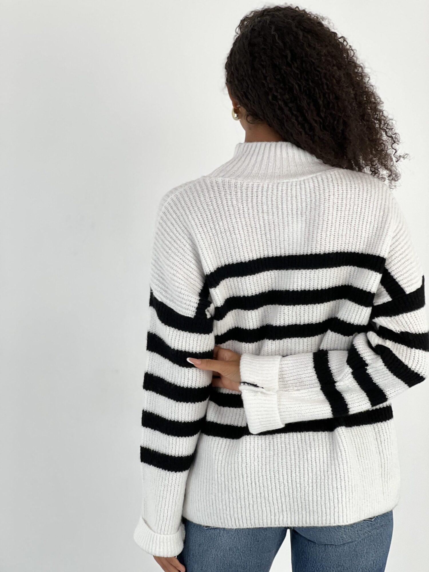White Striped Oversized Fit Sweater With High Neck - Brand: MISS POEM - Women & Kids, Baby Clothes Wholesale - Globality Store