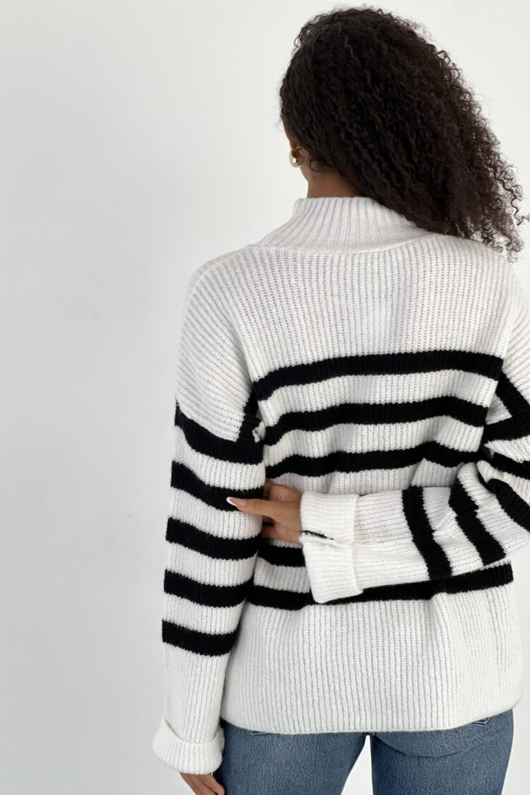 White Striped Oversized Fit Sweater With High Neck