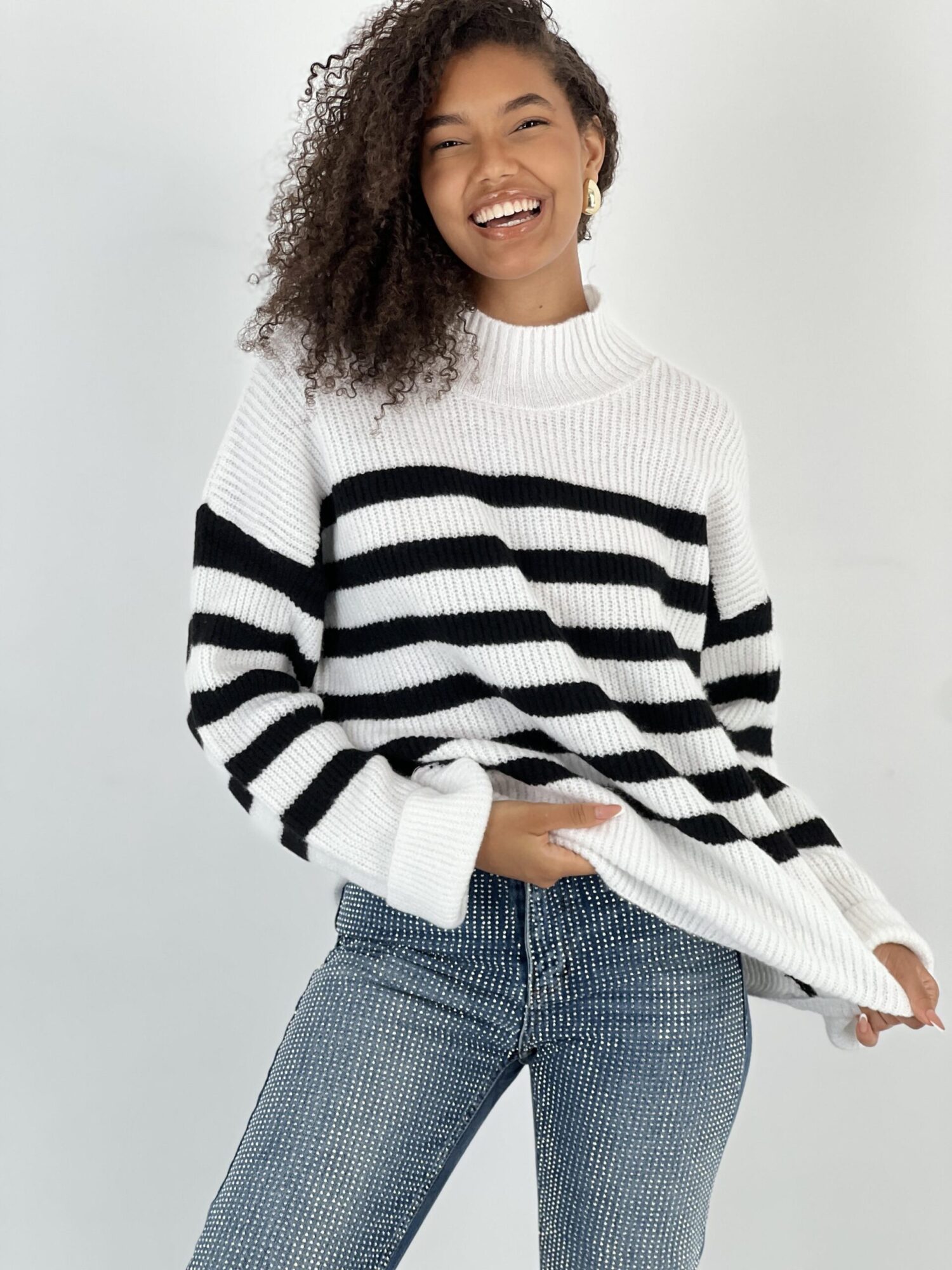 White Striped Oversized Fit Sweater With High Neck - Brand: MISS POEM - Women & Kids, Baby Clothes Wholesale - Globality Store