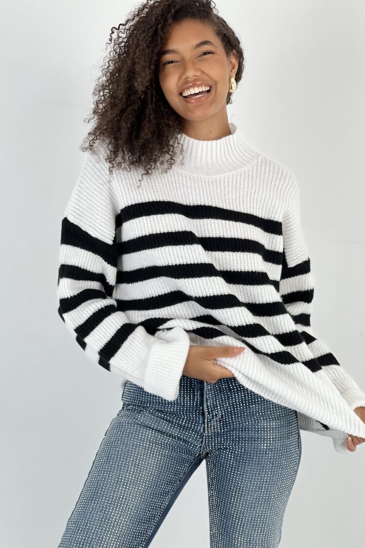 White Striped Oversized Fit Sweater With High Neck