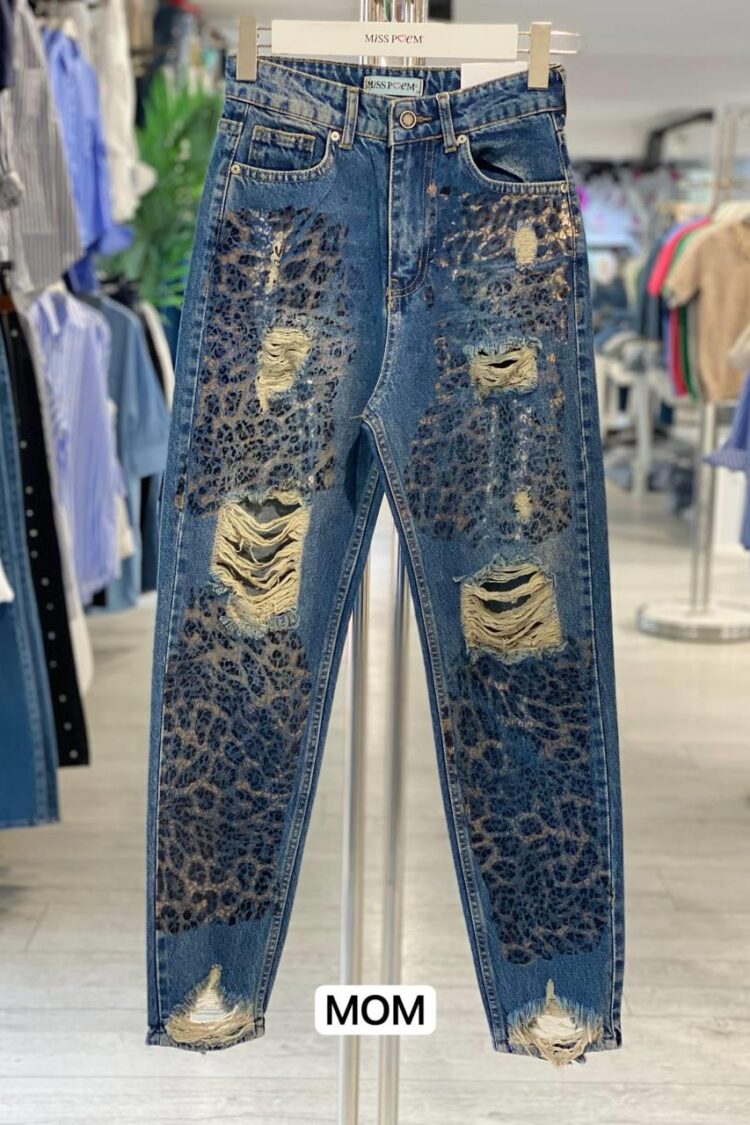 Blue Mom Jeans With Animal Print And High Waist - Brand: MISS POEM - Women & Kids, Baby Clothes Wholesale - Globality Store