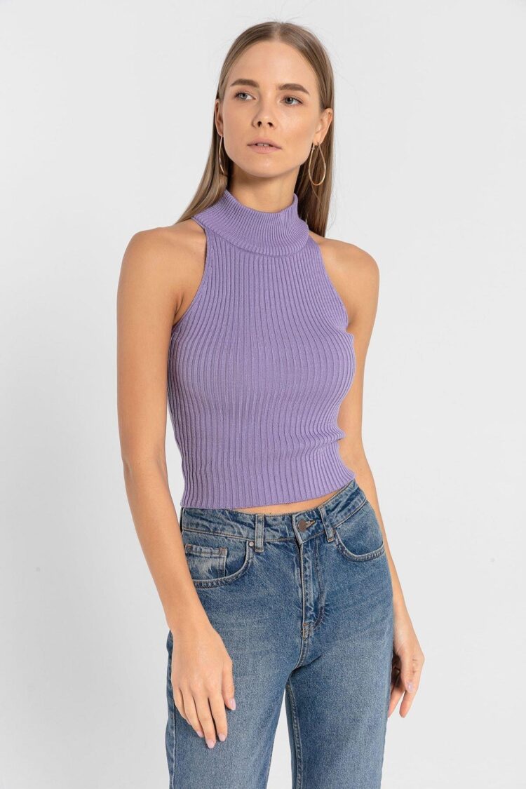Purple Slim Fit Sleeveless Crop Sweater With Cap Sleeve