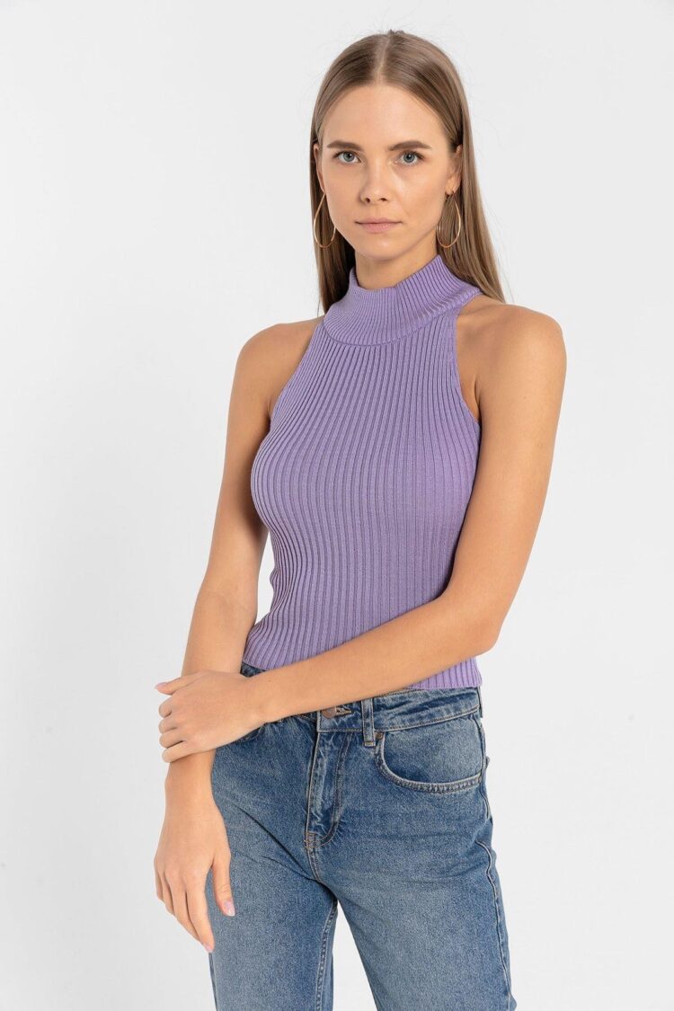 Purple Slim Fit Sleeveless Crop Sweater With Cap Sleeve