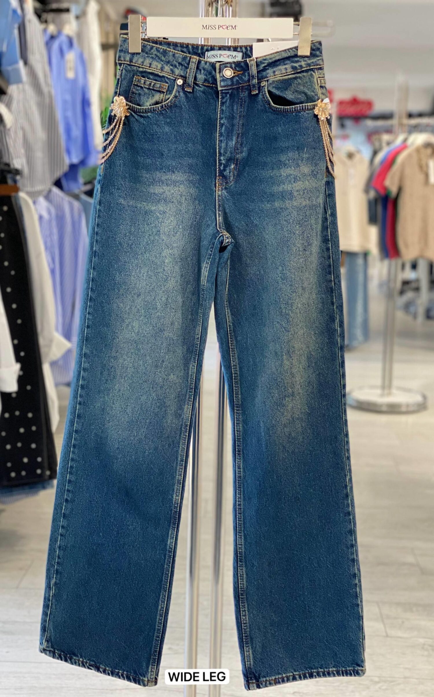 Blue Mom Jeans With Wide Leg And Buttoned Closure - Brand: MISS POEM - Women & Kids, Baby Clothes Wholesale - Globality Store