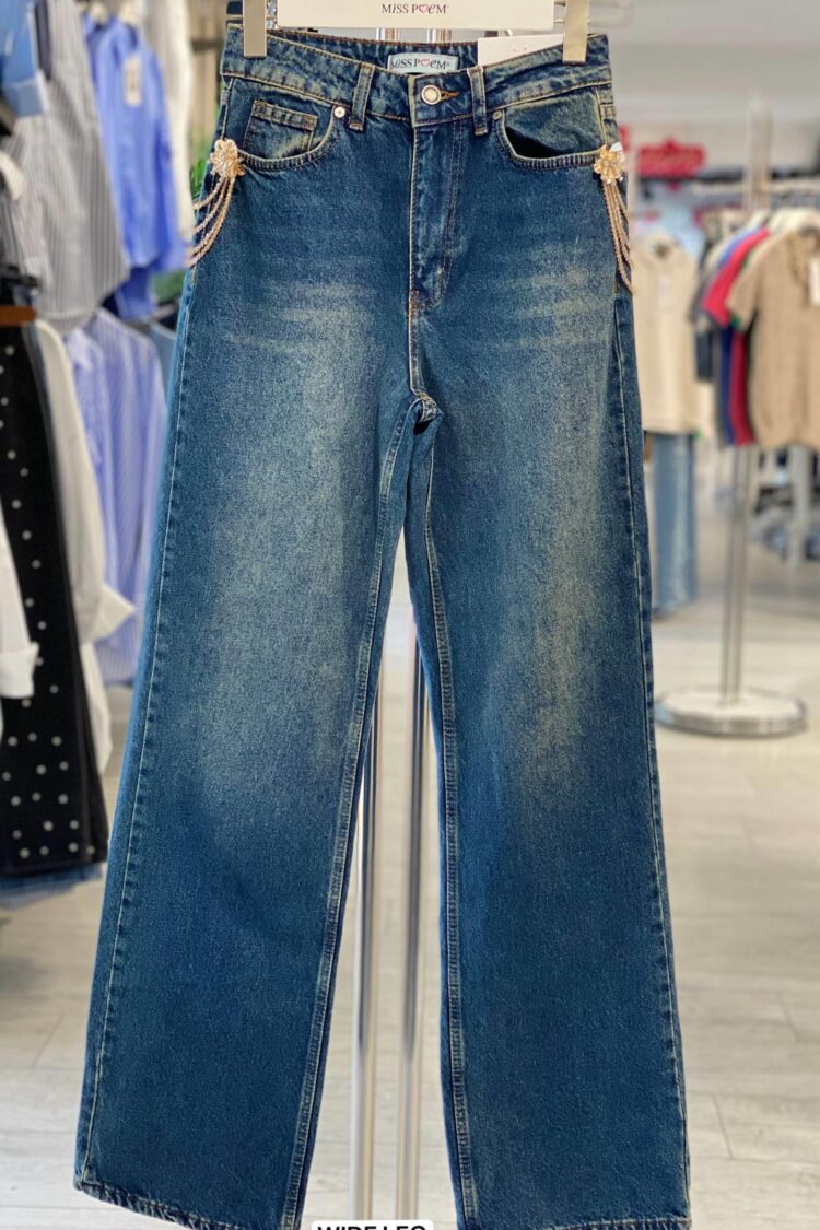 Blue Mom Jeans With Wide Leg And Buttoned Closure - Brand: MISS POEM - Women & Kids, Baby Clothes Wholesale - Globality Store