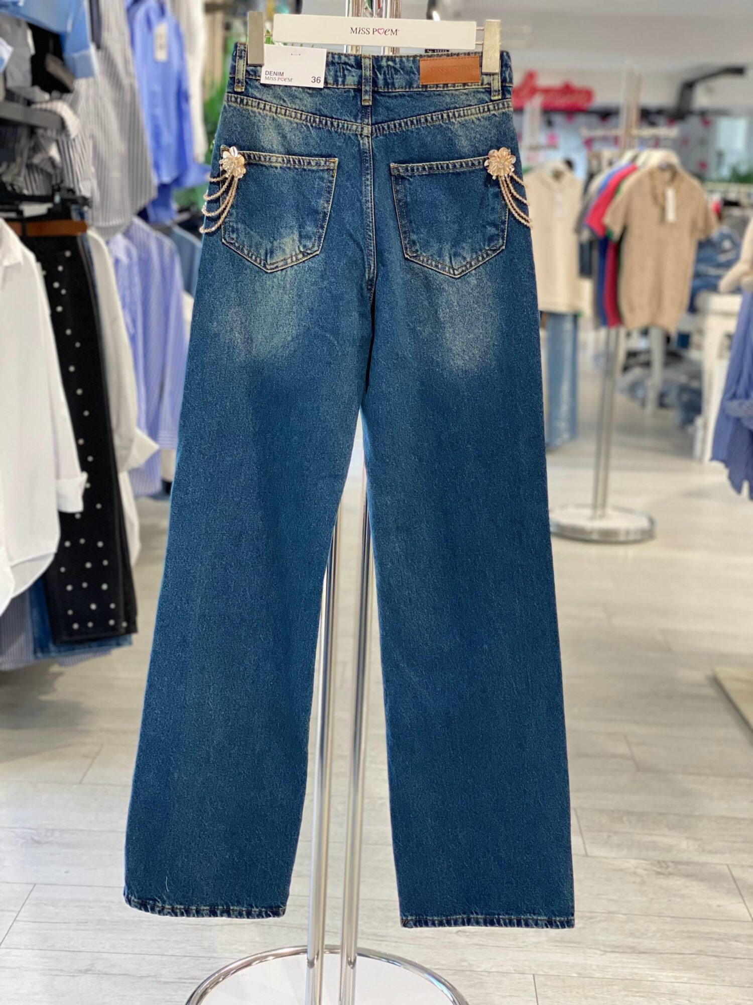 Blue Mom Jeans With Wide Leg And Buttoned Closure - Brand: MISS POEM - Women & Kids, Baby Clothes Wholesale - Globality Store