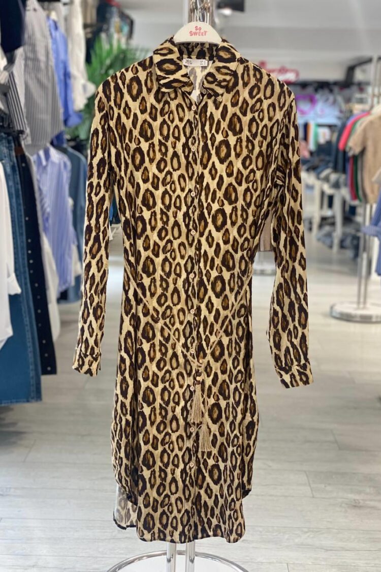 Brown Animal Print Shirt Dress With Notched Neck - Brand: MISS POEM - Women & Kids, Baby Clothes Wholesale - Globality Store