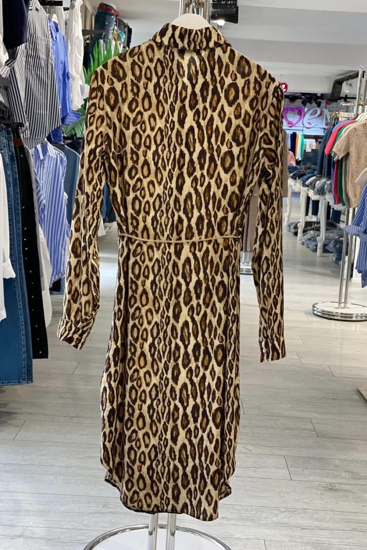 Brown Animal Print Shirt Dress With Notched Neck
