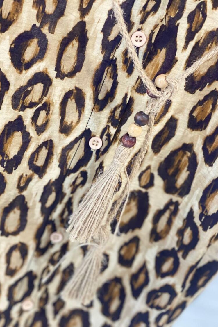 Brown Animal Print Shirt Dress With Notched Neck