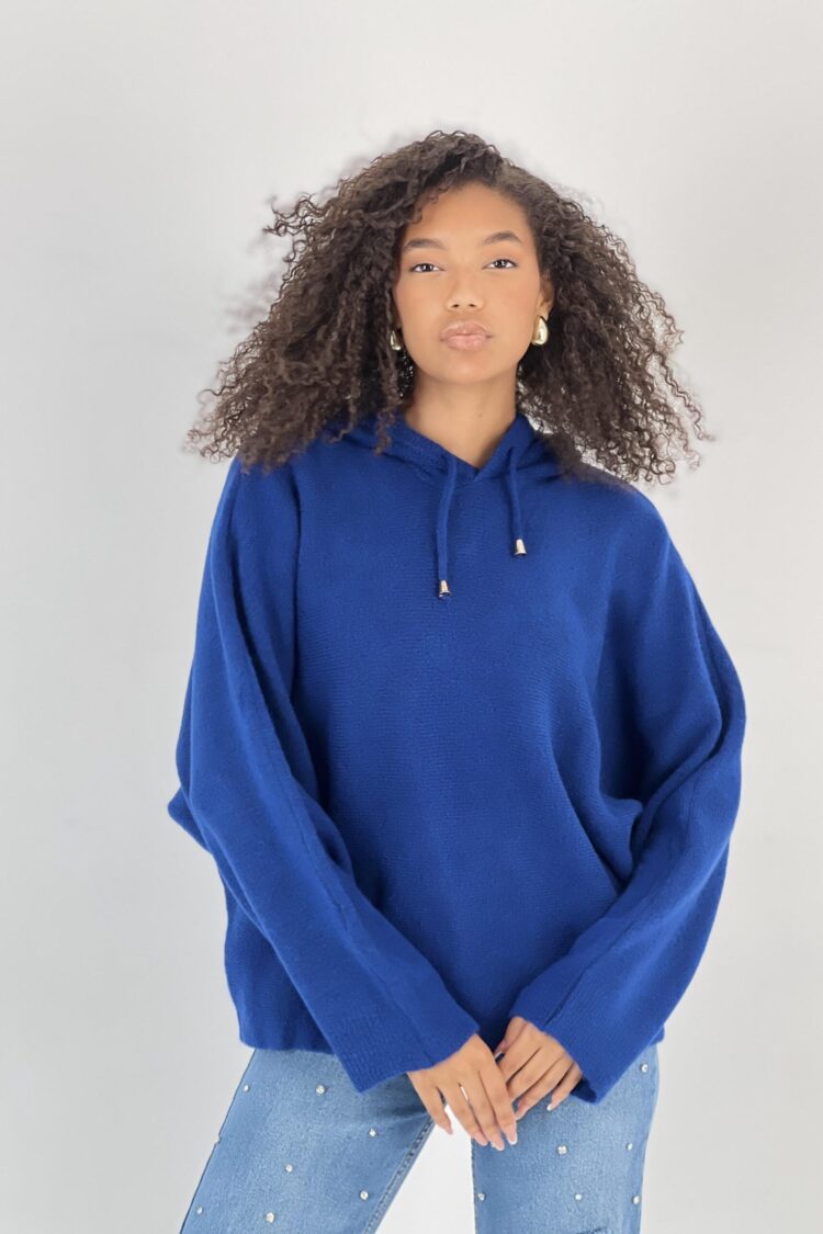 Navy Blue Sweater With Hooded Neck And Oversized Fit - Brand: MISS POEM - Women & Kids, Baby Clothes Wholesale - Globality Store