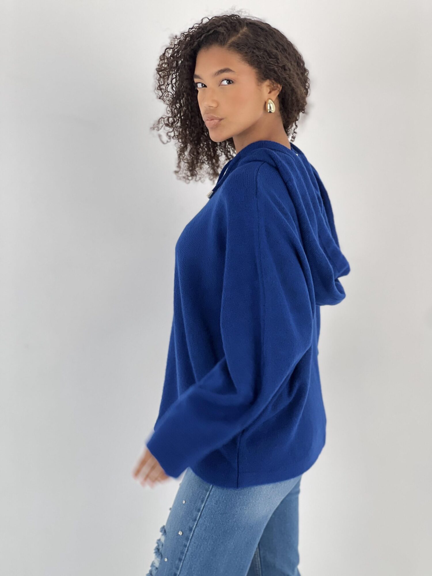 Navy Blue Sweater With Hooded Neck And Oversized Fit - Brand: MISS POEM - Women & Kids, Baby Clothes Wholesale - Globality Store
