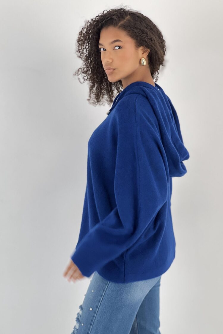 Navy Blue Sweater With Hooded Neck And Oversized Fit