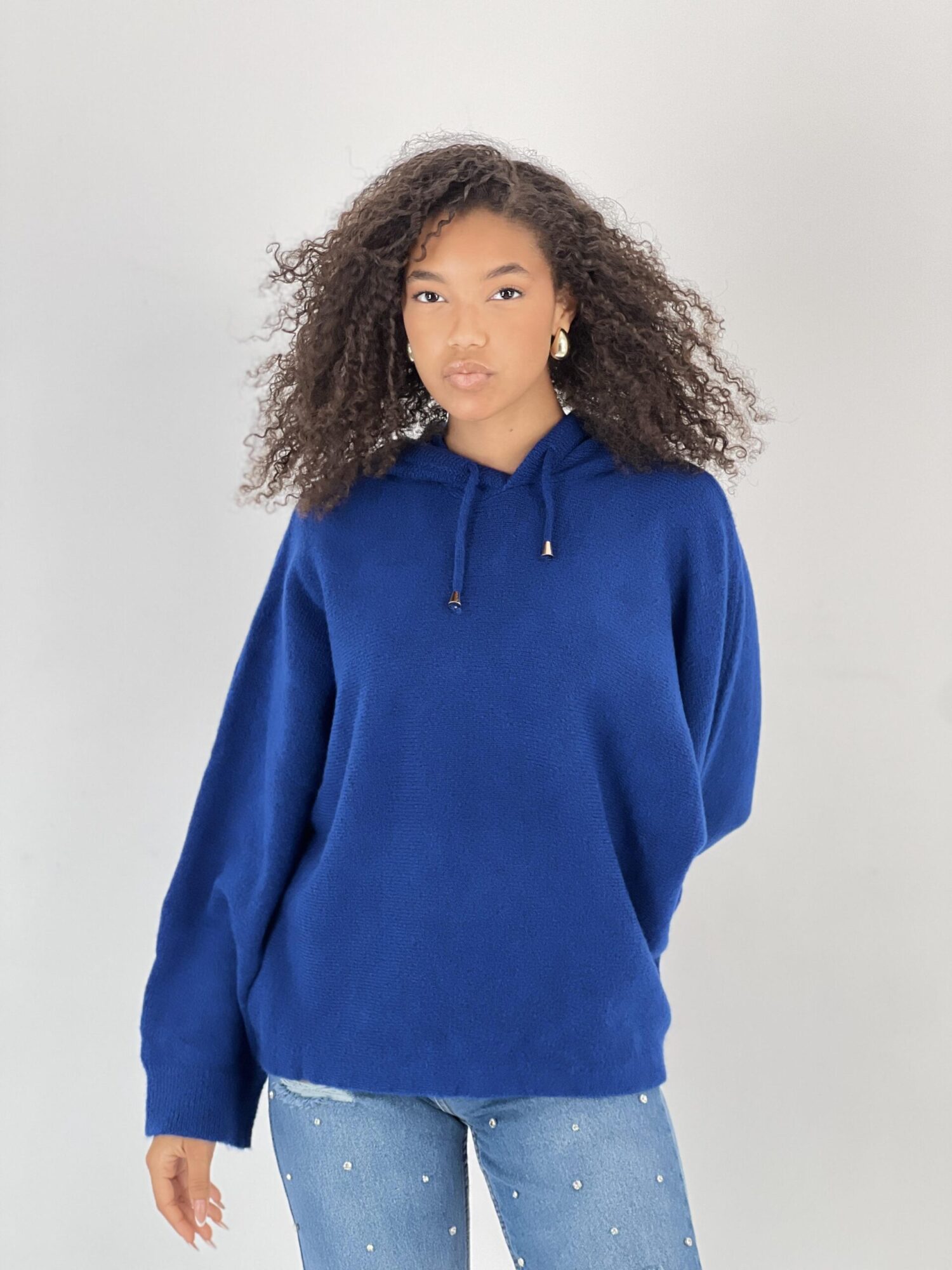 Navy Blue Sweater With Hooded Neck And Oversized Fit - Brand: MISS POEM - Women & Kids, Baby Clothes Wholesale - Globality Store
