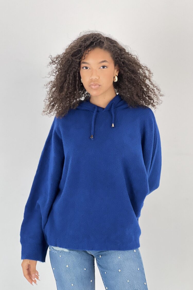 Navy Blue Sweater With Hooded Neck And Oversized Fit