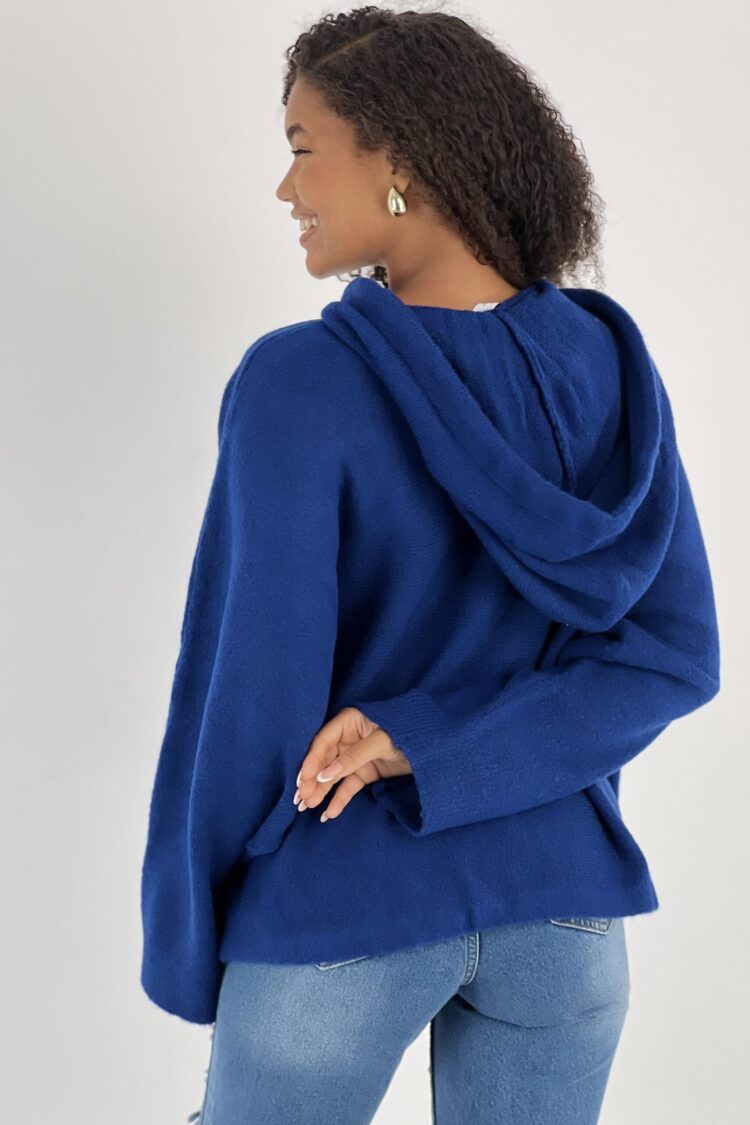 Navy Blue Sweater With Hooded Neck And Oversized Fit