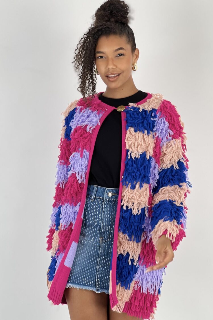 Pink Patchwork Casual Cardigan