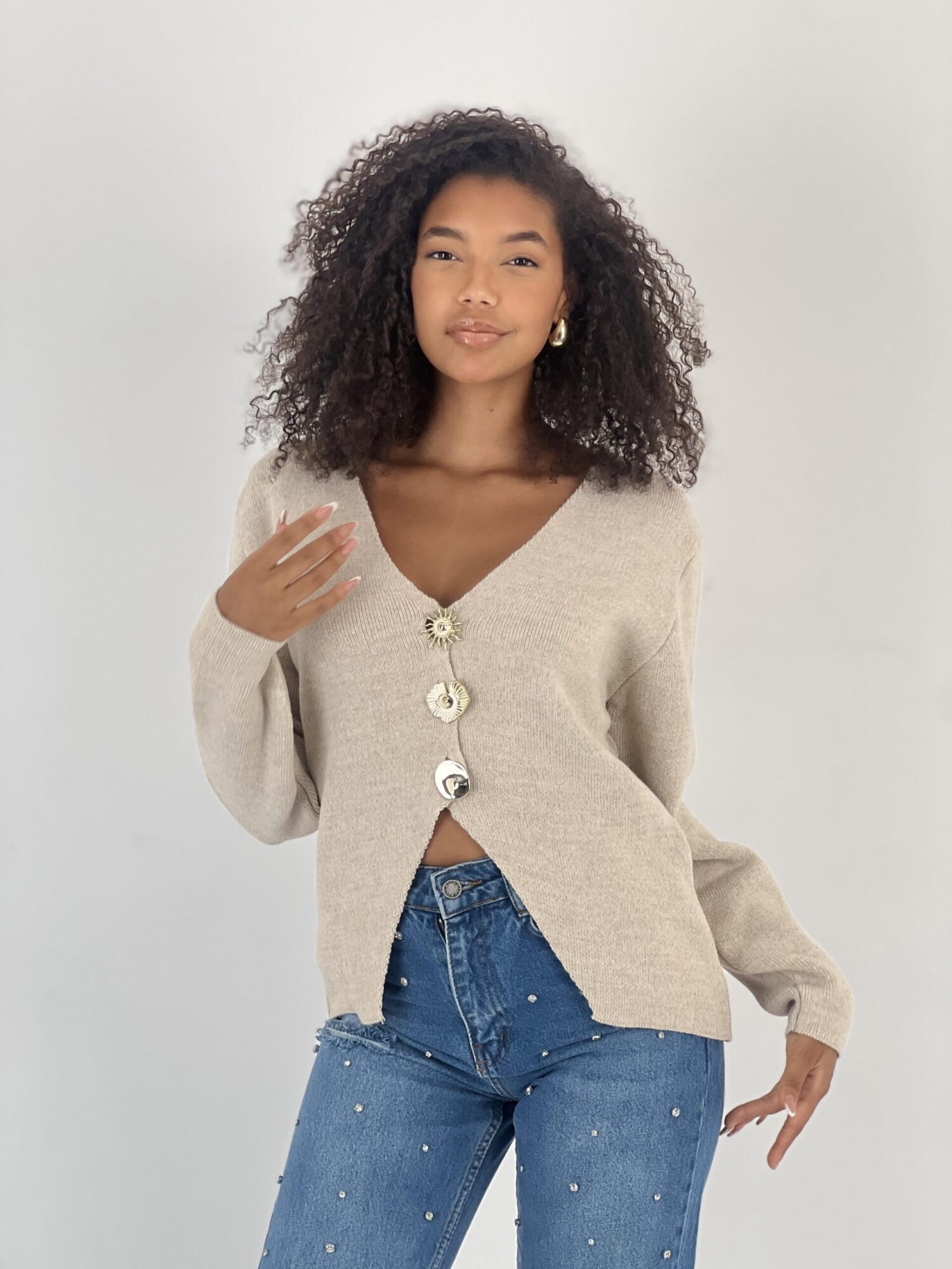 Beige Cardigan With Buttoned Closure And V-Neck - Brand: MISS POEM - Women & Kids, Baby Clothes Wholesale - Globality Store